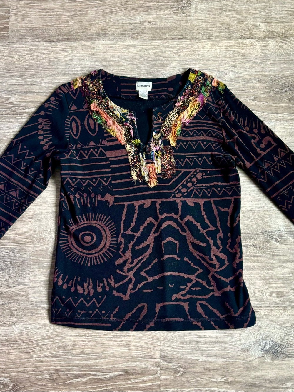 Chico's Black Long-Sleeve Geo Print Top with Multicolor Fringe